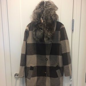 Belle Fare Reversible Oatmeal & Brown Wool/Cashmere Coat W Fox Fur Hood Sz L NWT